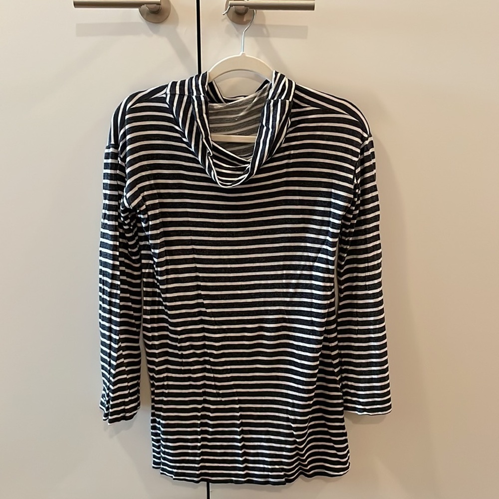 Navy and white stripe cowl neck top